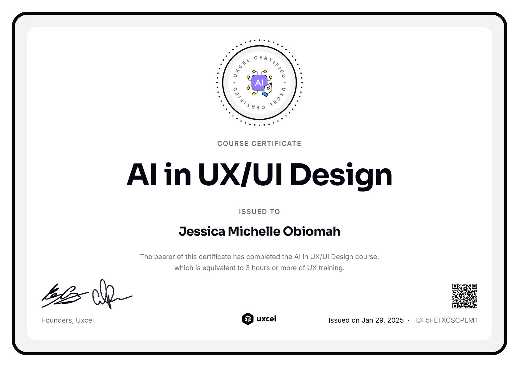 Jessica Michelle Obiomah's certificate